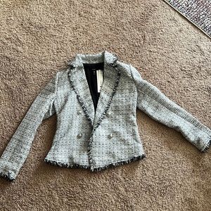 Aqua Bloomingdale’s White/black Frayed Framed Gingham Blazer Jacket